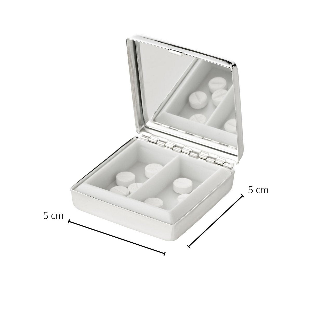 EDZARD pillendoosje Lydia met spiegel, 2 compartimenten, verzilverd, aanslagbestendig, 5 x 5 cm