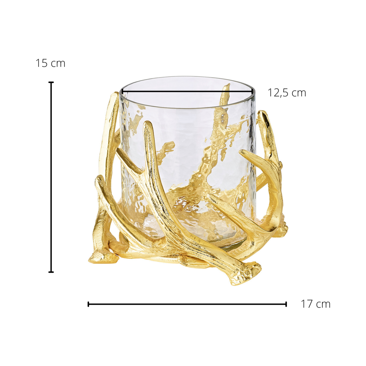 EDZARD Windlicht Kingston, gewei-design, aluminium, goudkleurig, met glas, hoogte 15 cm, ø 19 cm