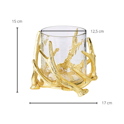 EDZARD Windlicht Kingston, gewei-design, aluminium, goudkleurig, met glas, hoogte 15 cm, ø 19 cm