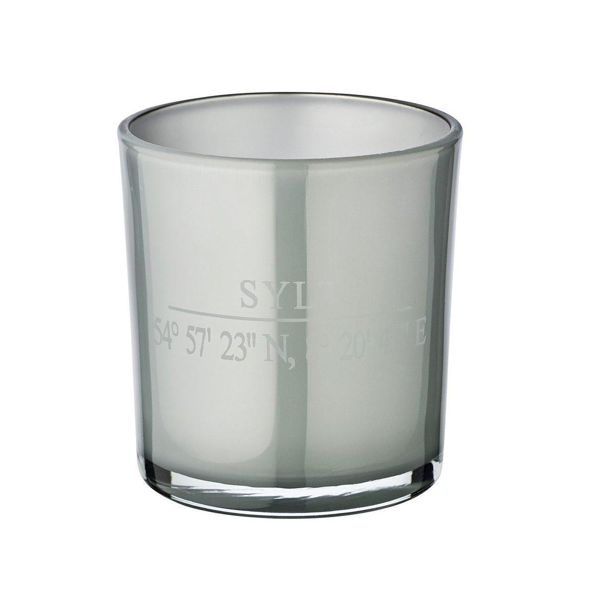 Set van 2 theelichtglazen Sylt (hoogte 8 cm, ø 7,5 cm) in grijze, elegante lantaarn met Sylt-coördinaten