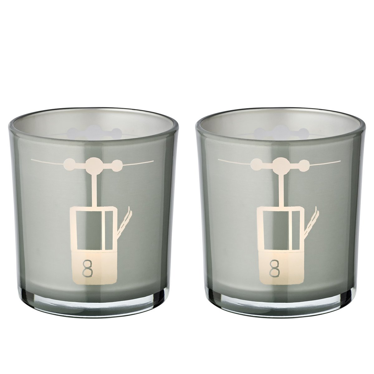 Set van 2 theelichtjes glazen lift (hoogte 8 cm, ø 7,5 cm) in grijs, lantaarn met sportief skiliftmotief