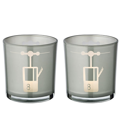 Set van 2 theelichtjes glazen lift (hoogte 8 cm, ø 7,5 cm) in grijs, lantaarn met sportief skiliftmotief