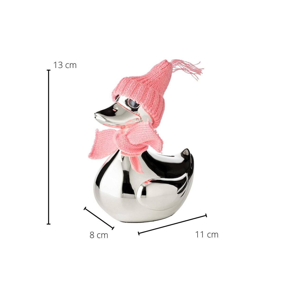 EDZARD spaarpot eend, verzilverd, aanslagbestendig, hoogte 13 cm, met sjaal en muts in roze en lichtblauw