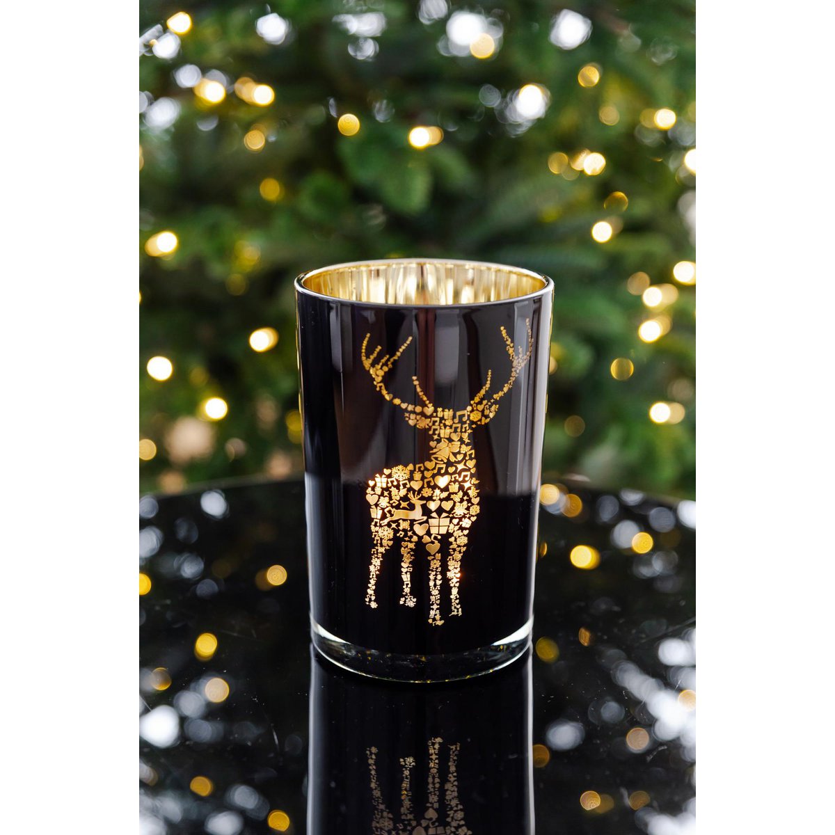 Lantaarn Fancy (hoogte 18 cm, ø 12 cm), theelichtglas met hertenmotief, buiten zwart/binnen goud