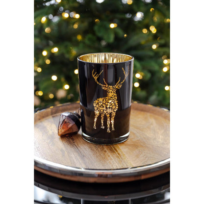Lantaarn Fancy (hoogte 18 cm, ø 12 cm), theelichtglas met hertenmotief, buiten zwart/binnen goud
