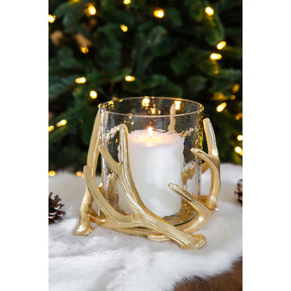 EDZARD Windlicht Kingston, gewei-design, aluminium, goudkleurig, met glas, hoogte 15 cm, ø 19 cm
