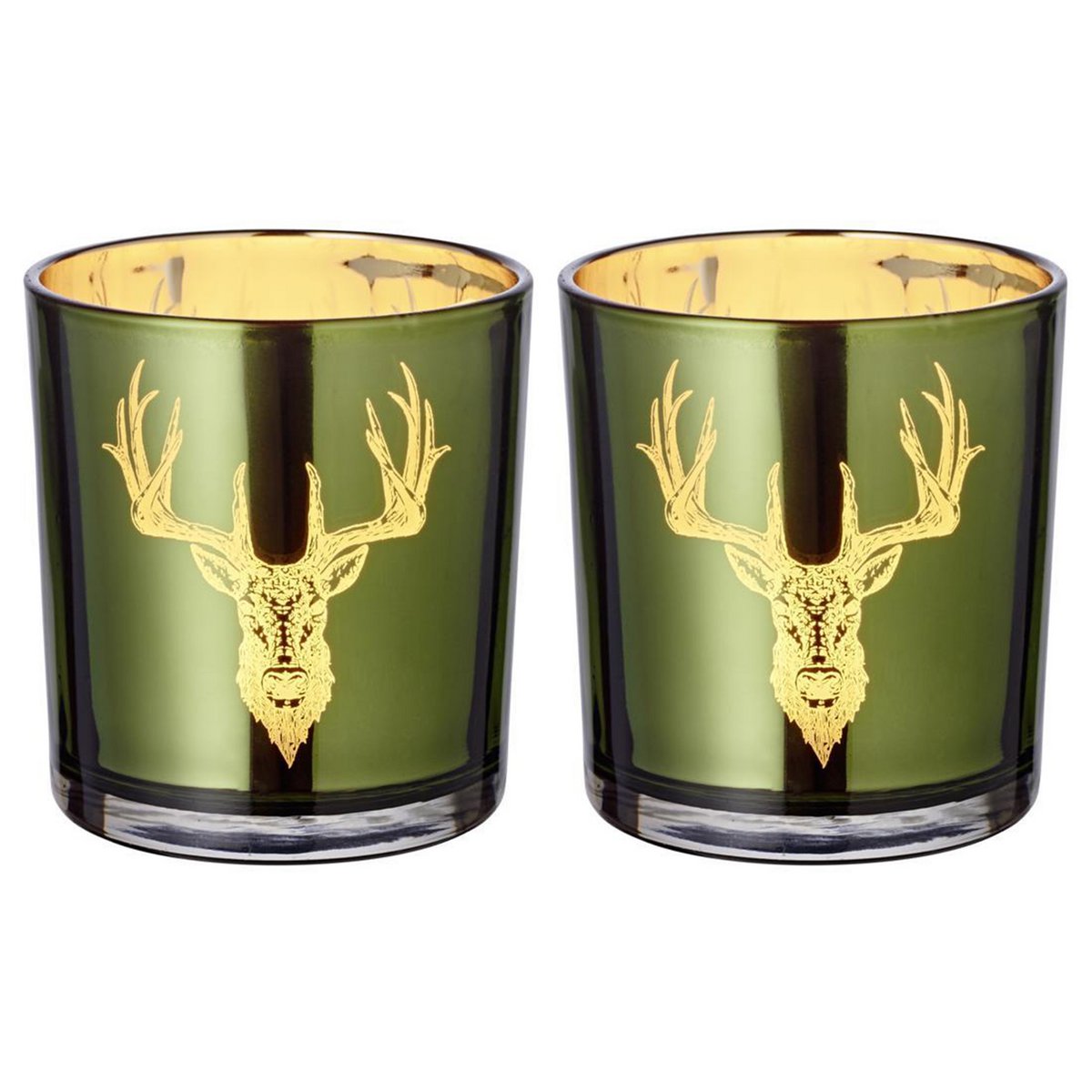 Set van 2 theelichtglazen Ted (hoogte 8 cm, ø 7 cm), buitenkant groen / binnenkant goud, lantaarn in hert design