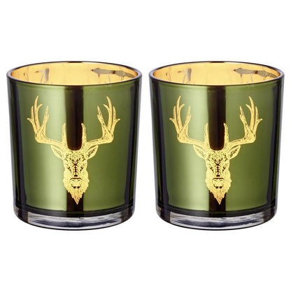 Set van 2 theelichtglazen Ted (hoogte 8 cm, ø 7 cm), buitenkant groen / binnenkant goud, lantaarn in hert design