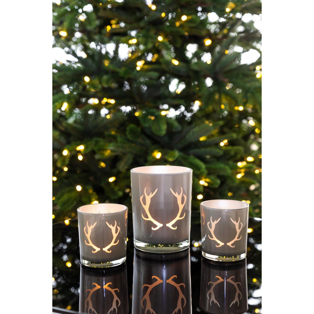 Set van 2 theelichtglazen Ati (hoogte 8 cm, Ø 7 cm), grijs, lantaarn met geweimotief