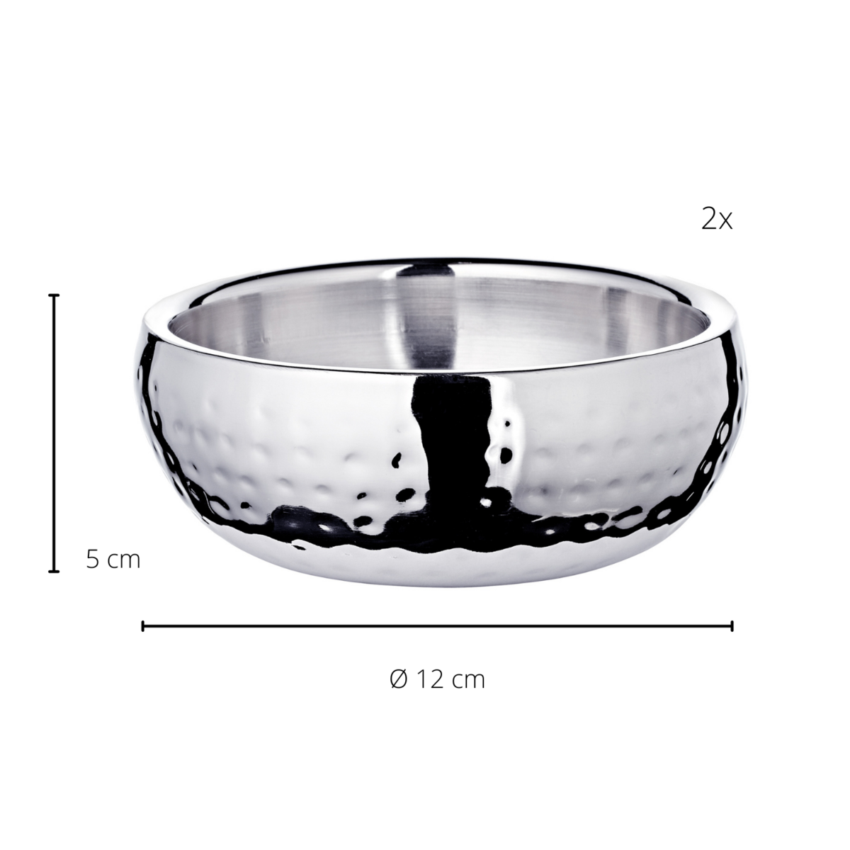 EDZARD set van 2 Pluto kommen, hoogglans gepolijst roestvrij staal, buitenkant gehamerd, diameter 12 cm