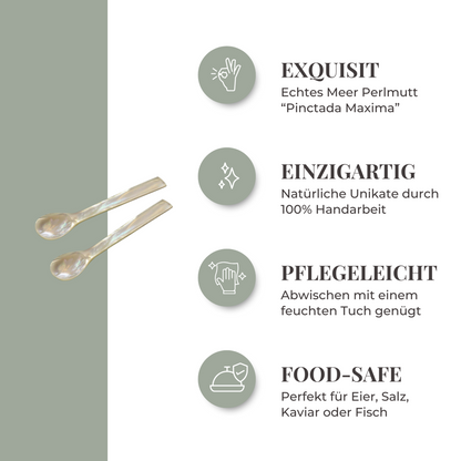 EDZARD set van 2 paarlemoeren lepels kaviaarlepels eierlepels, rechte hoeken, lengte 11 cm