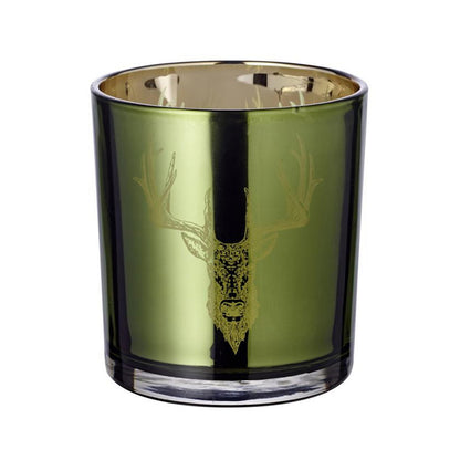Set van 2 theelichtglazen Ted (hoogte 8 cm, ø 7 cm), buitenkant groen / binnenkant goud, lantaarn in hert design