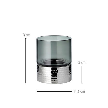 Cosmo kandelaar (hoogte 13 cm), donker glas, gehamerd, roestvrij staal, hoogglans gepolijst