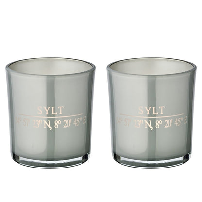 Set van 2 theelichtglazen Sylt (hoogte 8 cm, ø 7,5 cm) in grijze, elegante lantaarn met Sylt-coördinaten