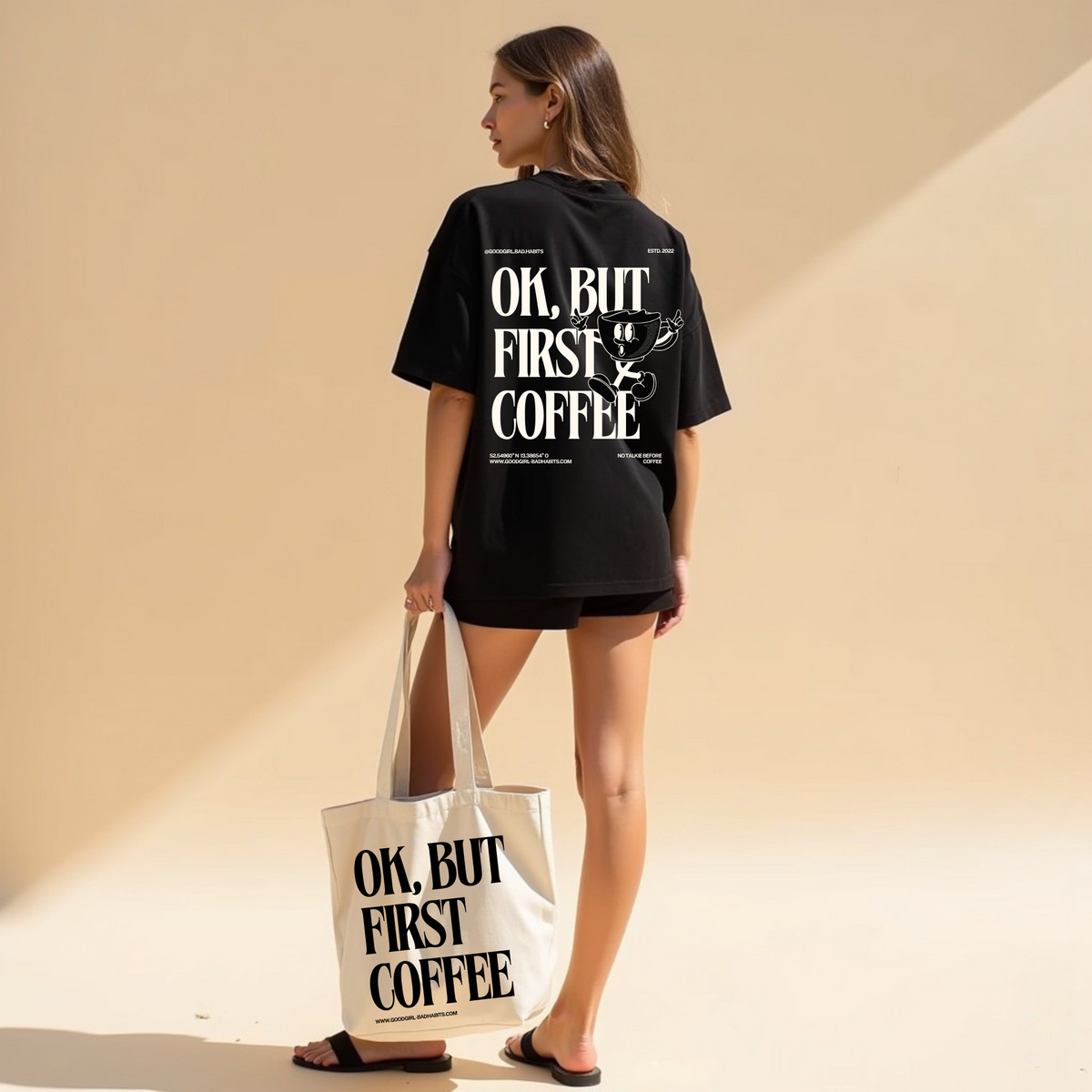 Oversized t-shirt "OK, maar eerste koffie"