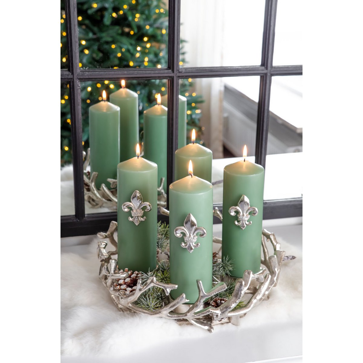 EDZARD Adventskrans Porus, gewei-design, vernikkeld aluminium, zilverkleurig, ø 30 cm, voor kaarsen ø 6 cm
