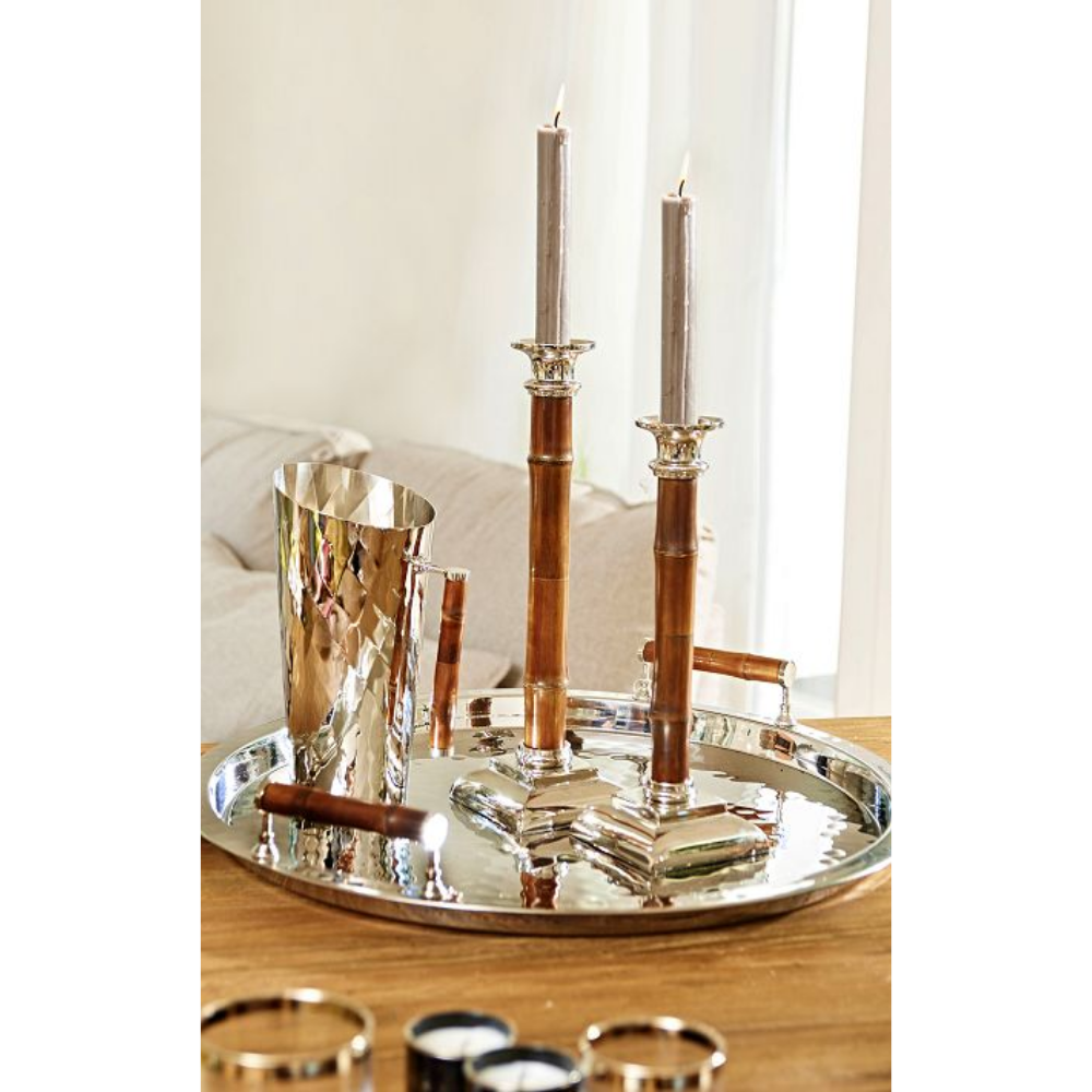 EDZARD Candlestick Kandelaar spar met bamboe schacht, RVS, glanzend vernikkeld, hoogte 30 cm