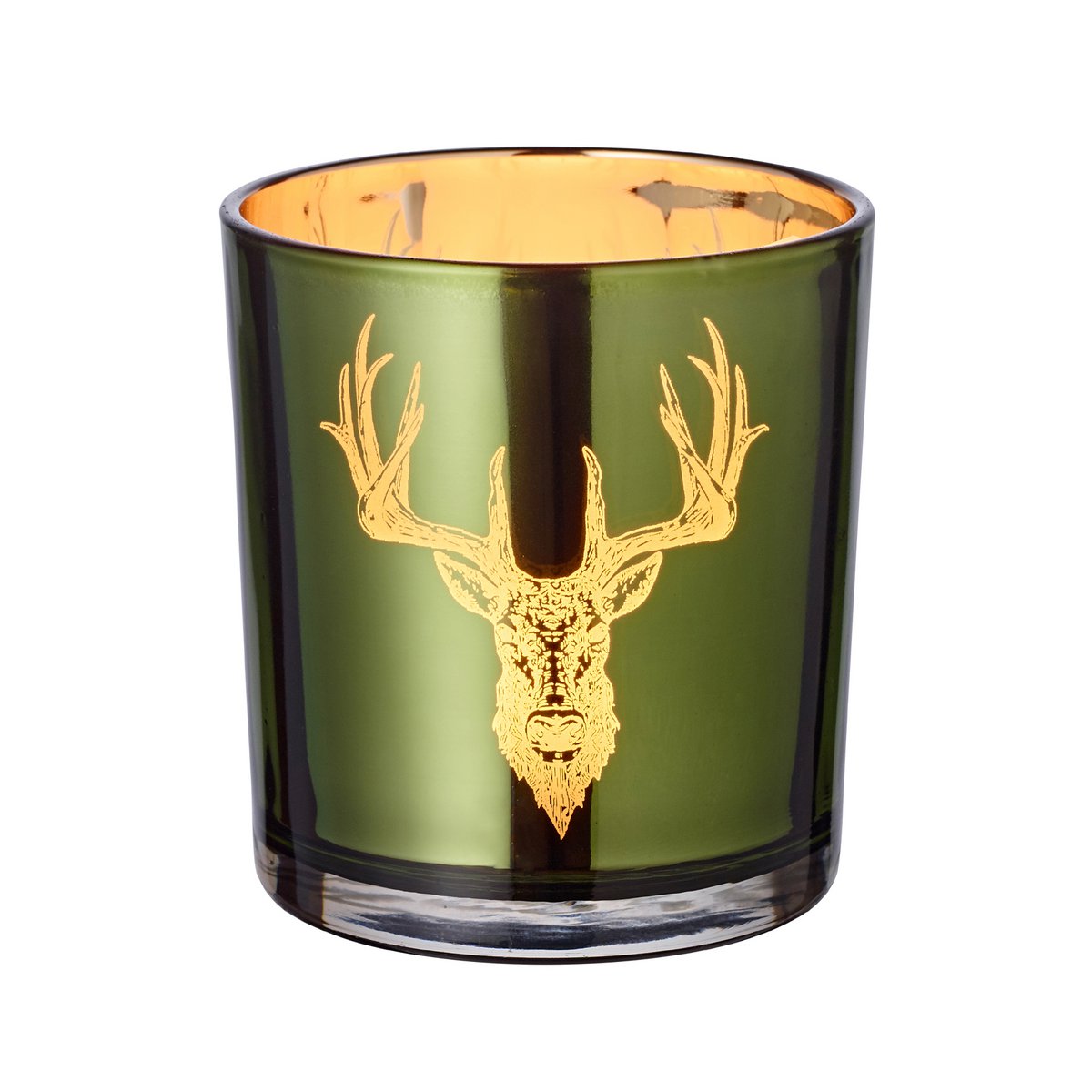Set van 2 theelichtglazen Ted (hoogte 8 cm, ø 7 cm), buitenkant groen / binnenkant goud, lantaarn in hert design