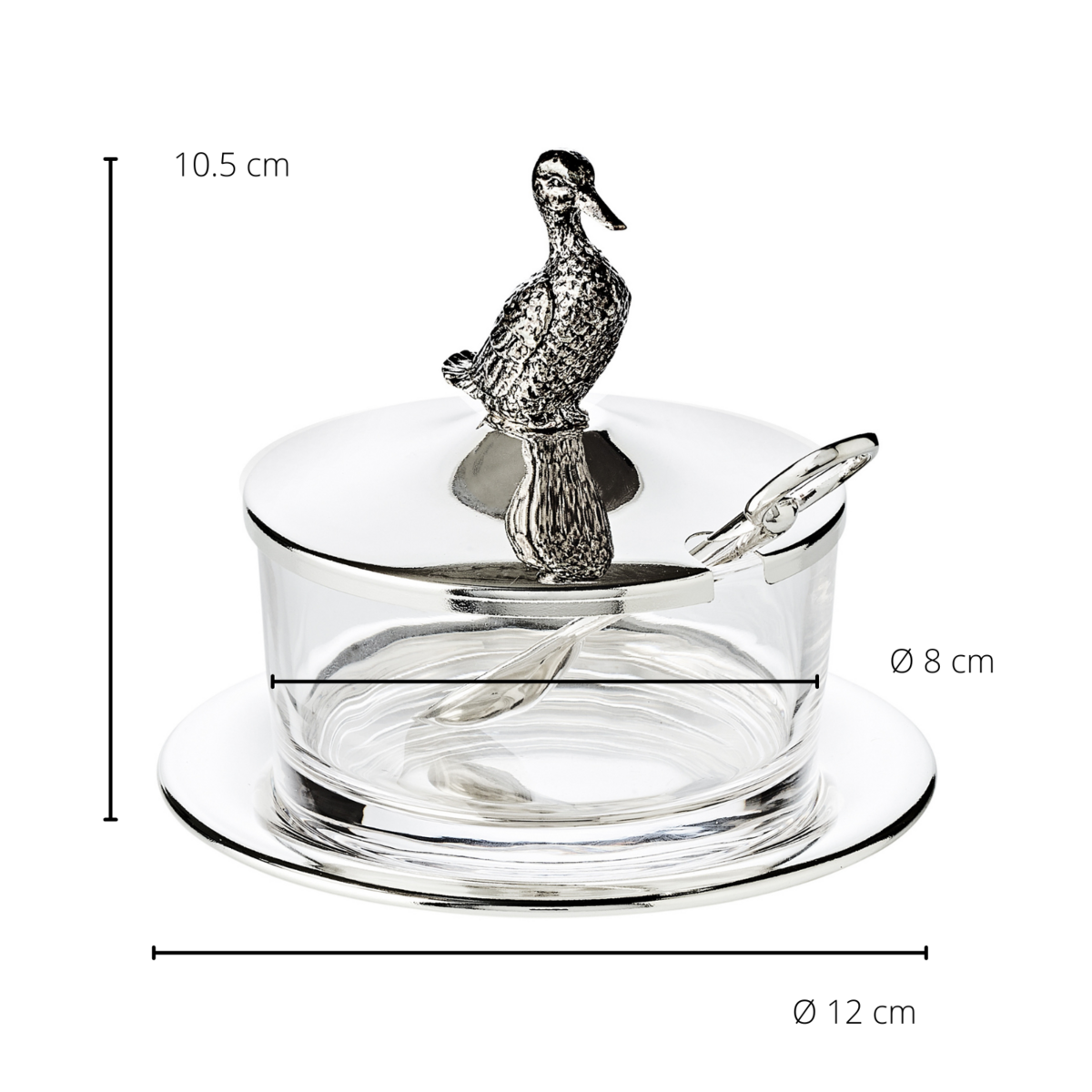 EDZARD jampot eend met schotel en lepel, verzilverd, hoogte 12 cm, ø 14 cm, ø glas 9 cm