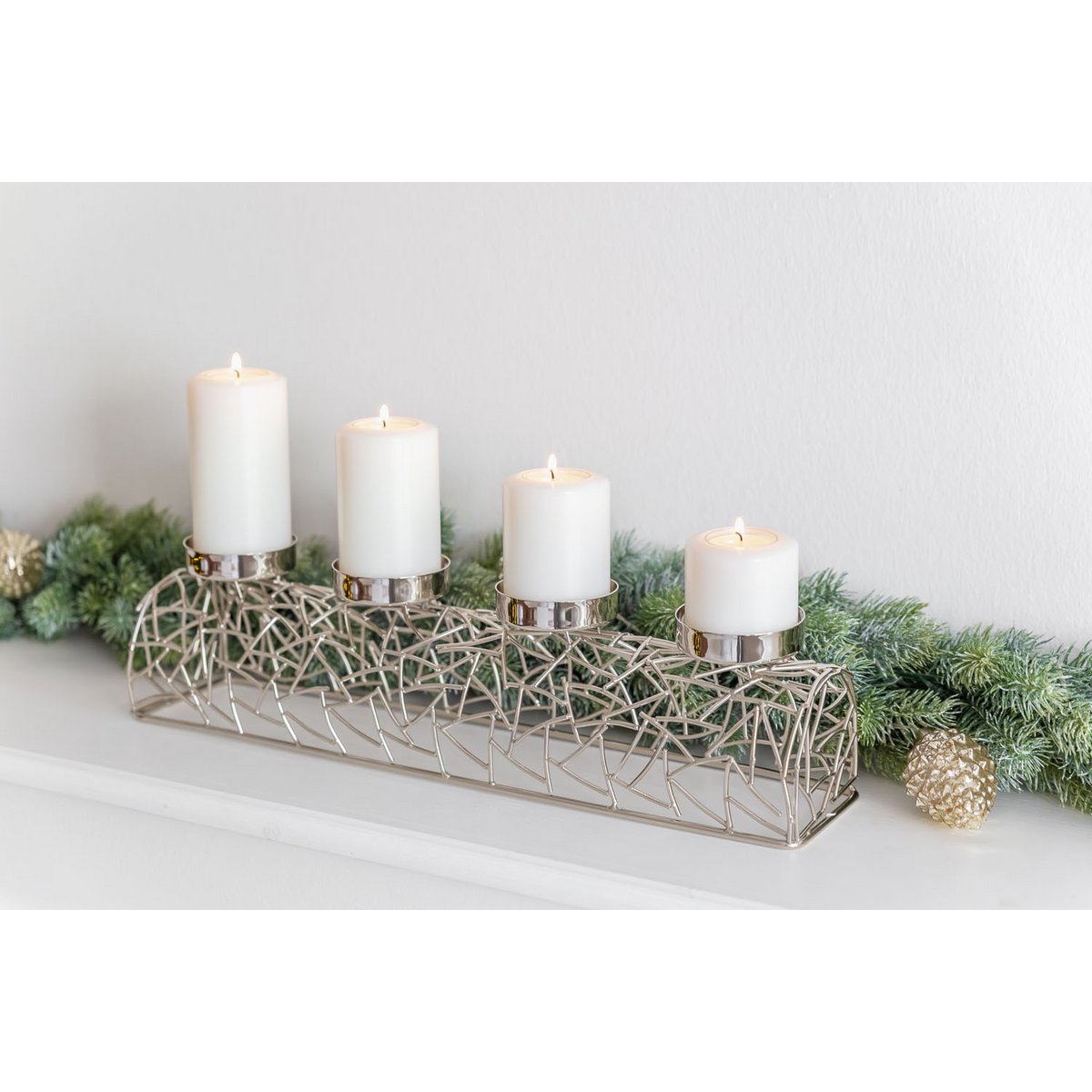 EDZARD Advent kandelaar Milano, vernikkeld messing, zilverkleurig, lengte 44 cm, voor kaarsen diameter 6 cm