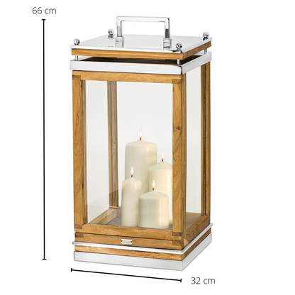 EDZARD Lantaarn Huntsville met handvat, hout en roestvrij staal, glanzend vernikkeld, hoogte 66 cm