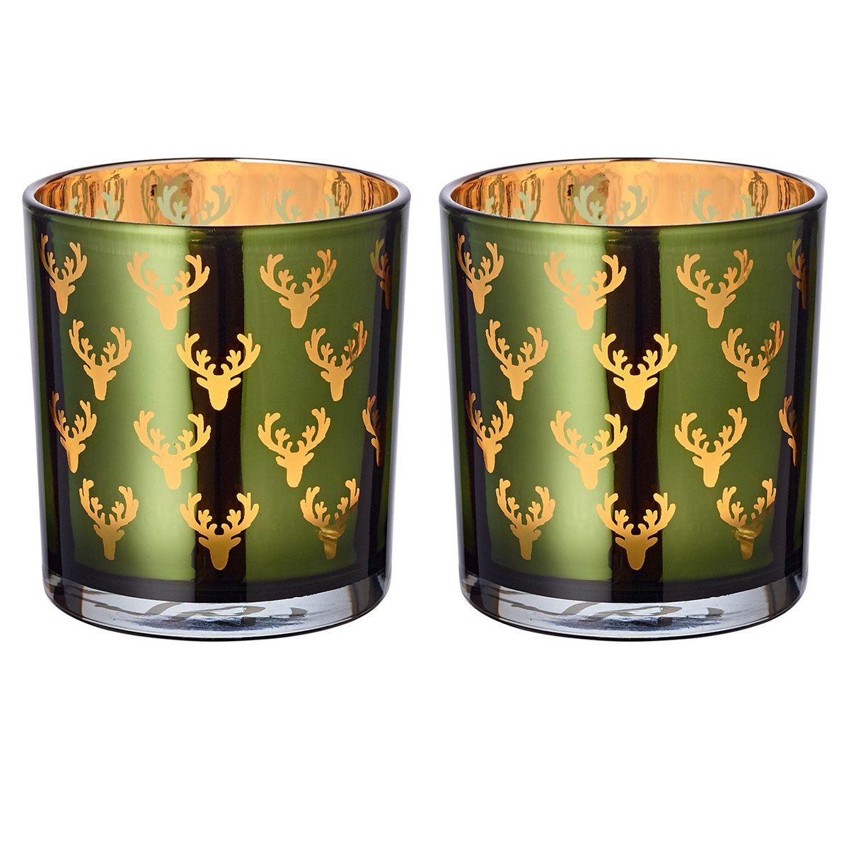 Set van 2 theelichtglazen Ted (hoogte 8 cm, ø 7 cm), buitenkant groen / binnenkant goud, lantaarn in hertendesign