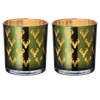 Set van 2 theelichtglazen Ted (hoogte 8 cm, ø 7 cm), buitenkant groen / binnenkant goud, lantaarn in hertendesign