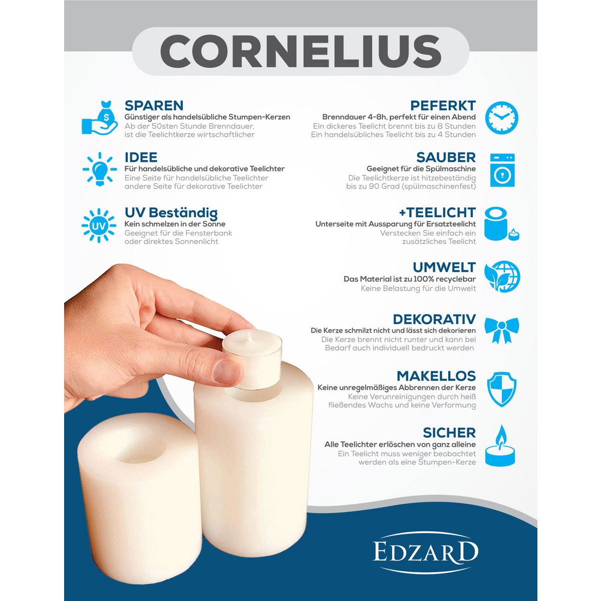 EDZARD theelichthouder permanente kaars Cornelius voor maxi theelicht, hoogte 12 cm, ø 10 cm, hittebestendig 90 graden