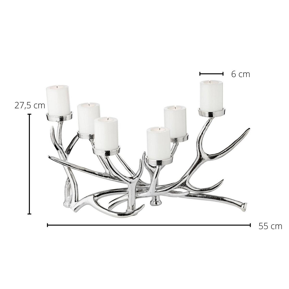 EDZARD kandelaar James, gewei design, aluminium vernikkeld, lengte 55 cm, hoogte 27,5 cm, 6 vlammen