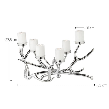 EDZARD kandelaar James, gewei design, aluminium vernikkeld, lengte 55 cm, hoogte 27,5 cm, 6 vlammen