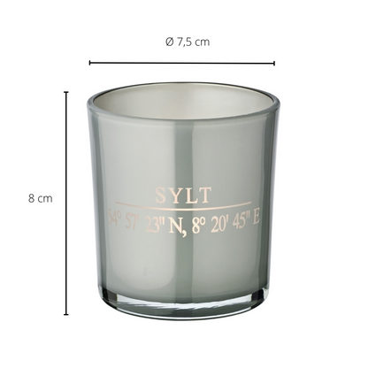 Set van 2 theelichtglazen Sylt (hoogte 8 cm, ø 7,5 cm) in grijze, elegante lantaarn met Sylt-coördinaten