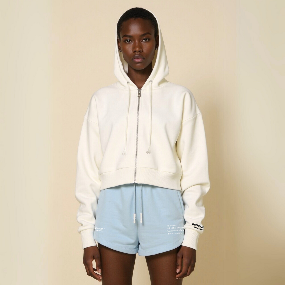 Crop hoodie met rits "GGBH" - Wit