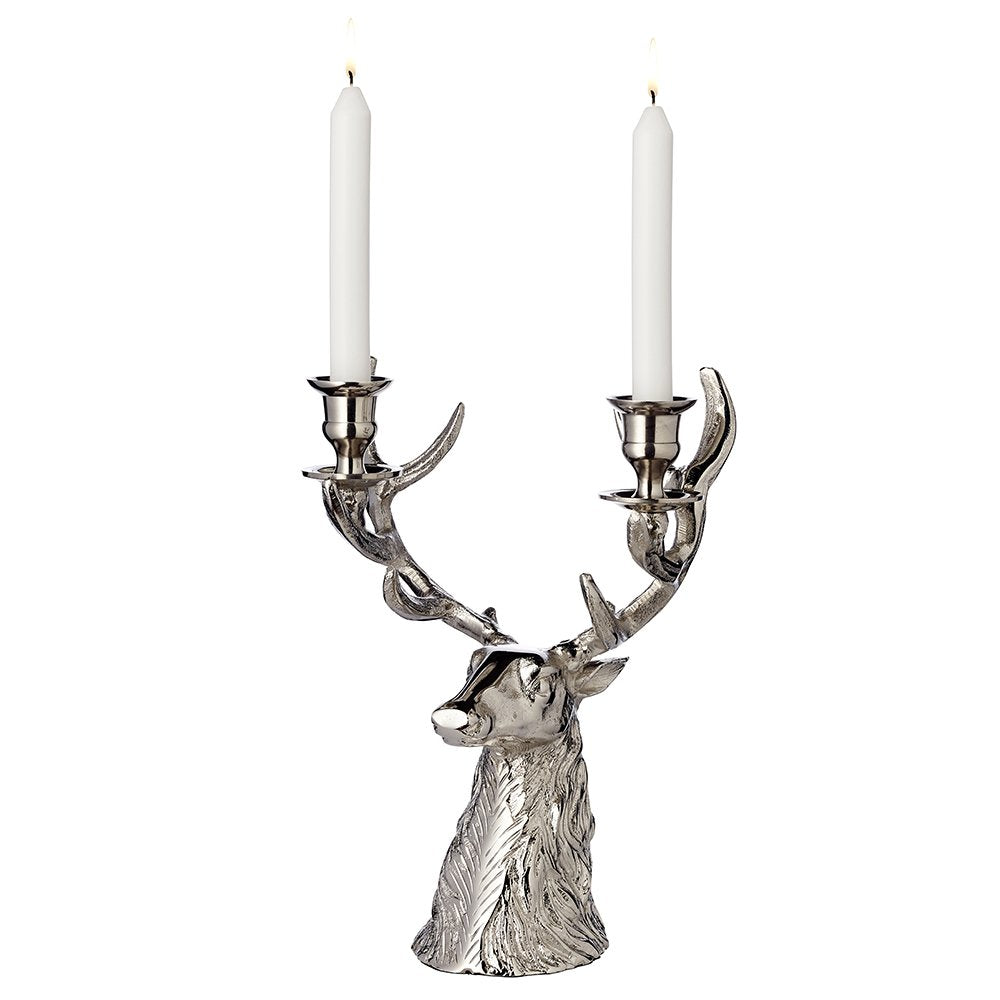 EDZARD kandelaar kandelaar hertengewei hoogte 33 cm, aluminium vernikkeld, voor 2 stokkaarsen