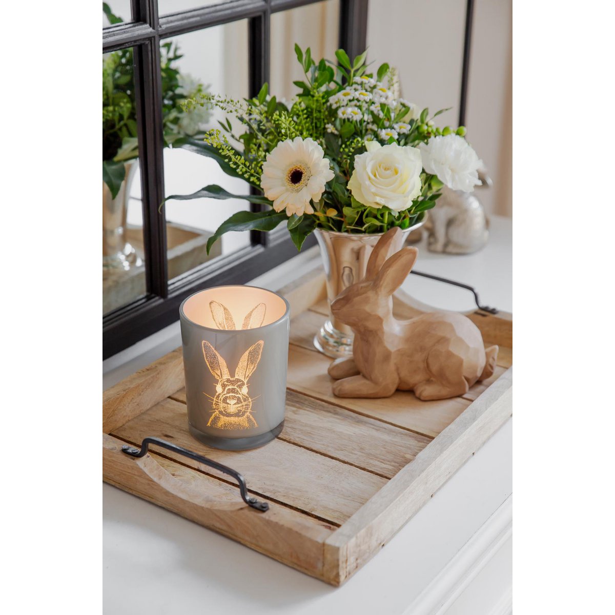 Lantaarn konijn (hoogte 12,5 cm, ø 10 cm) in grijs, theelichthouder, theelichtglas met konijnenmotief
