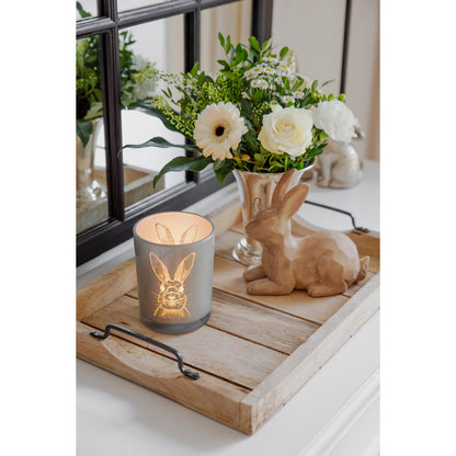 Lantaarn konijn (hoogte 12,5 cm, ø 10 cm) in grijs, theelichthouder, theelichtglas met konijnenmotief