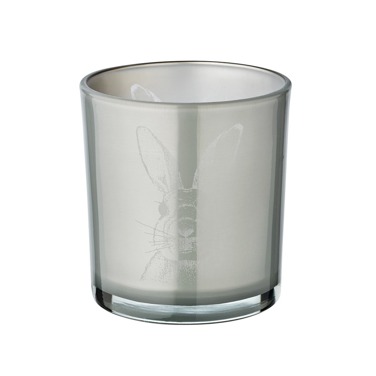 Set van 2 theelichtglazen konijn (hoogte 8 cm, ø 7,5 cm), in grijs, theelichthouder lantaarn met konijnenmotief