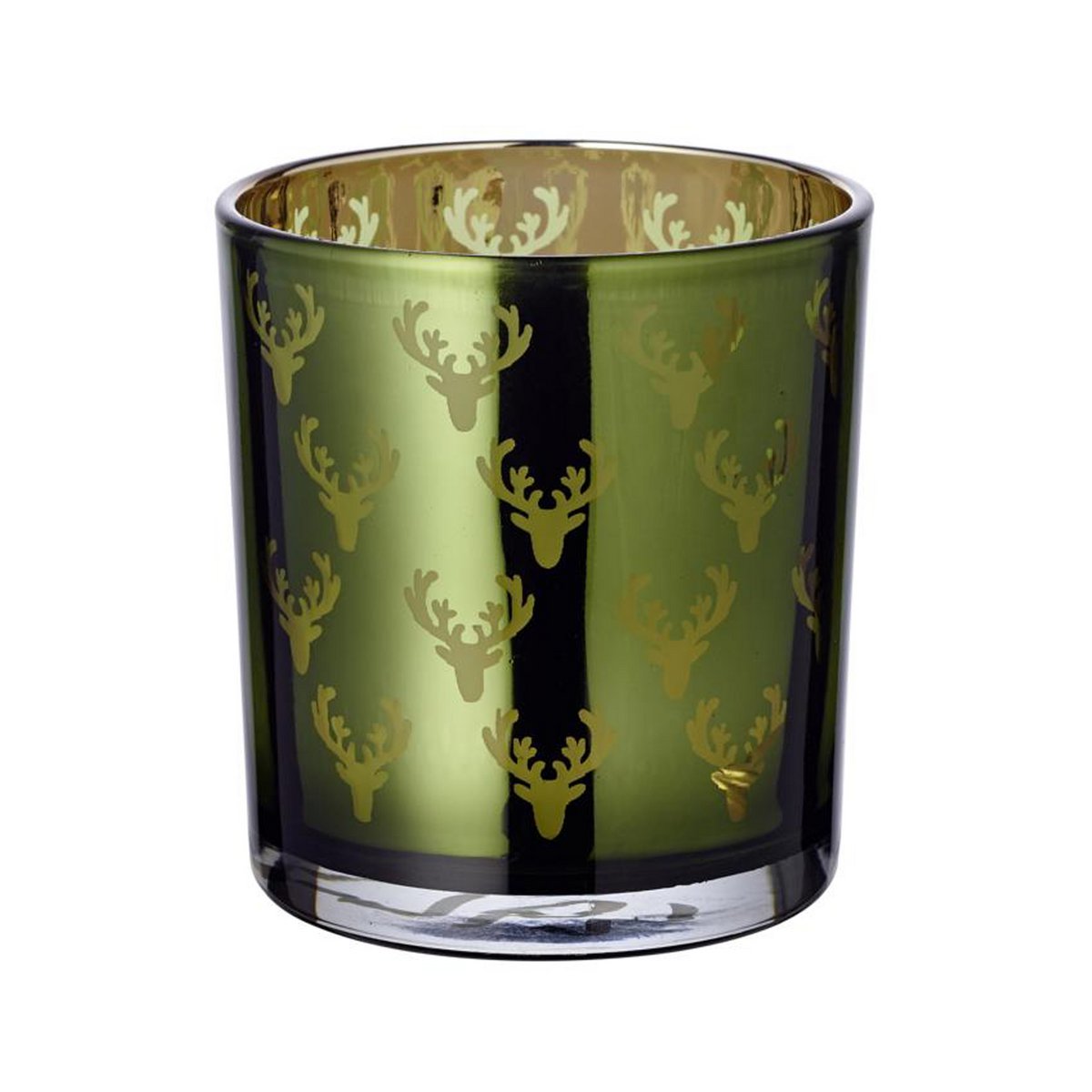 Set van 2 theelichtglazen Ted (hoogte 8 cm, ø 7 cm), buitenkant groen / binnenkant goud, lantaarn in hertendesign