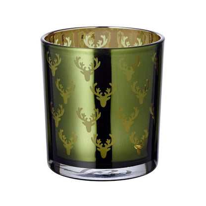 Set van 2 theelichtglazen Ted (hoogte 8 cm, ø 7 cm), buitenkant groen / binnenkant goud, lantaarn in hertendesign