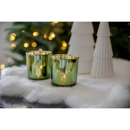 Set van 2 theelichtglazen Ted (hoogte 8 cm, ø 7 cm), buitenkant groen / binnenkant goud, lantaarn in hert design