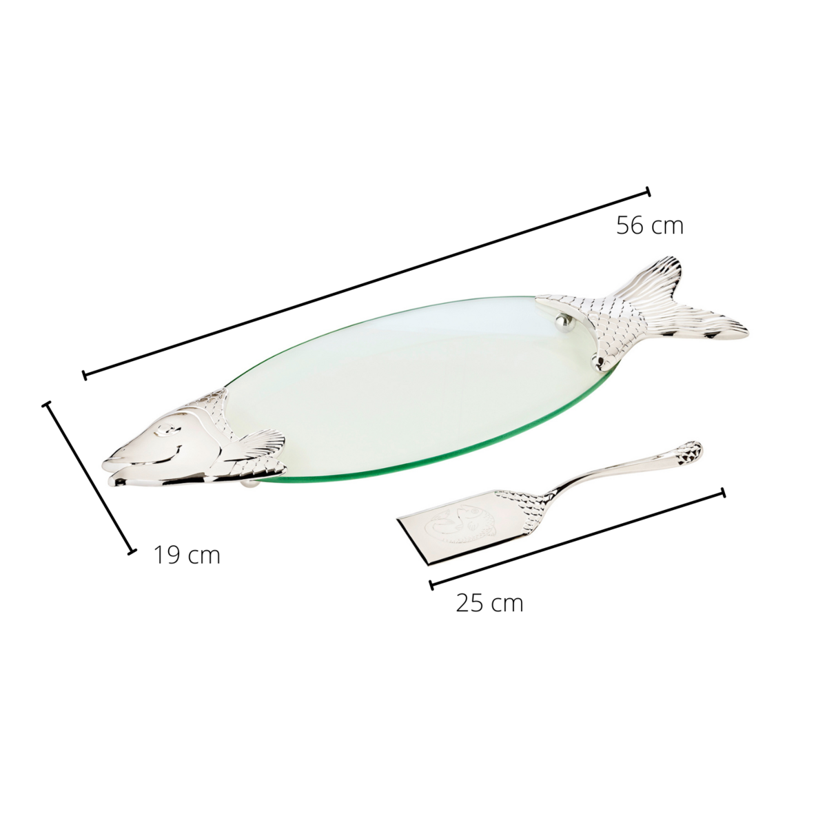 EDZARD visschaal zalm, glas, fijn verzilverde elementen, met lifter, lengte 58 cm