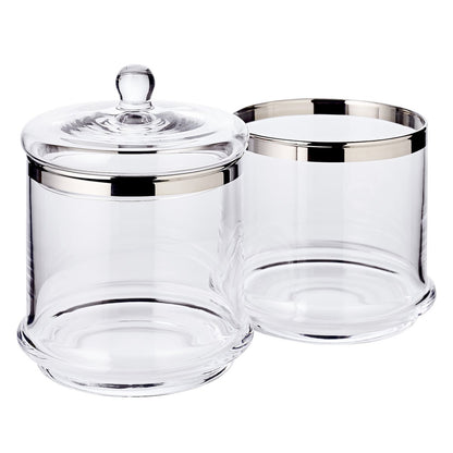 Glazen pot Lia (H 12 cm, ø 13 cm), mondgeblazen kristalglas met platina rand