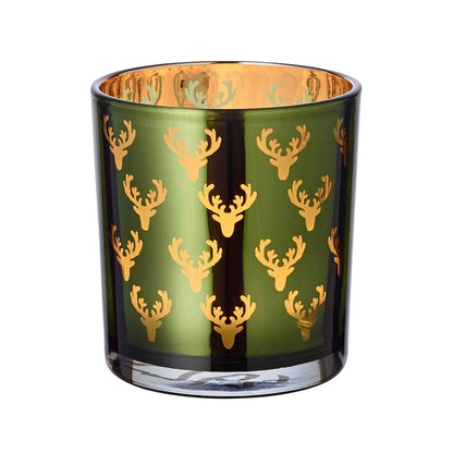 Set van 2 theelichtglazen Ted (hoogte 8 cm, ø 7 cm), buitenkant groen / binnenkant goud, lantaarn in hertendesign