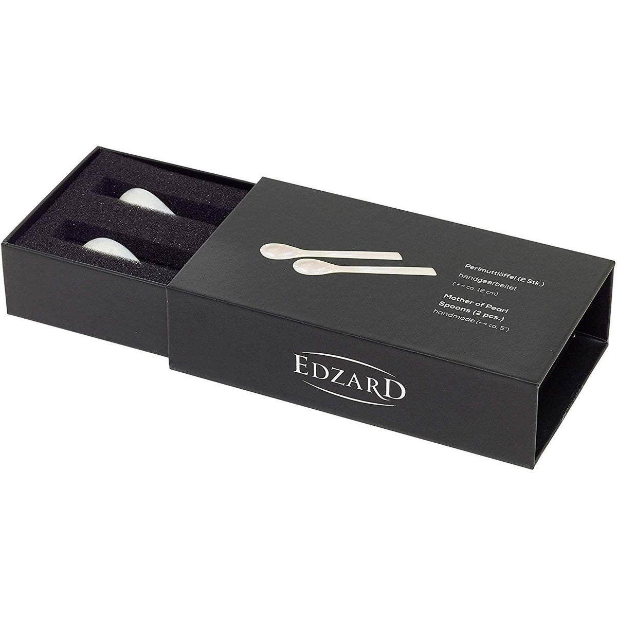 EDZARD set van 2 paarlemoeren lepels kaviaarlepels eierlepels, rechte hoeken, lengte 11 cm