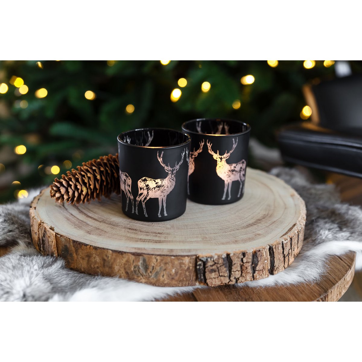 Theelicht set van 2 herten H 8 cm mat zwart