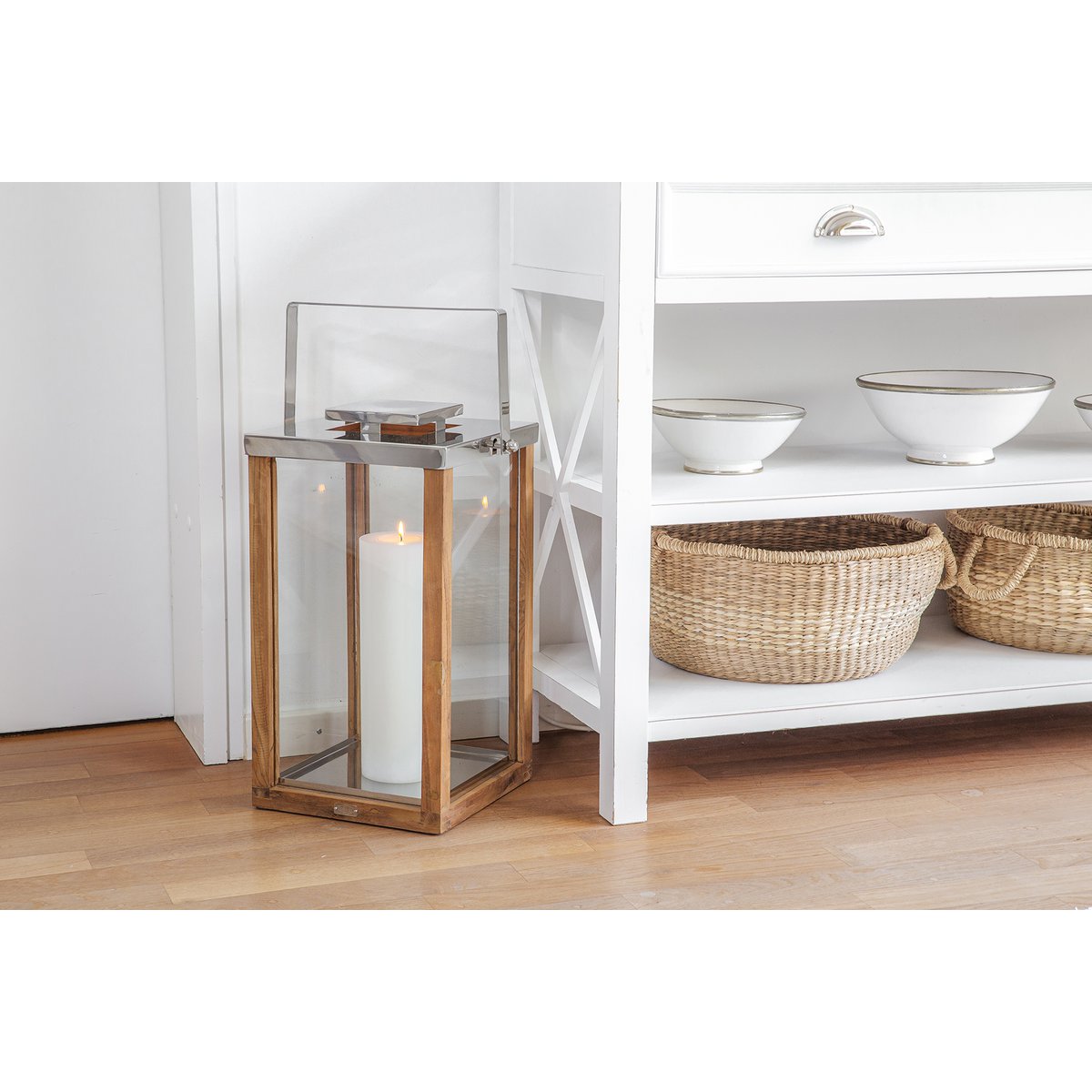 EDZARD lantaarn orkaan Miami met inklapbaar handvat, hout en roestvrij staal glanzend vernikkeld, hoogte 61,5 cm