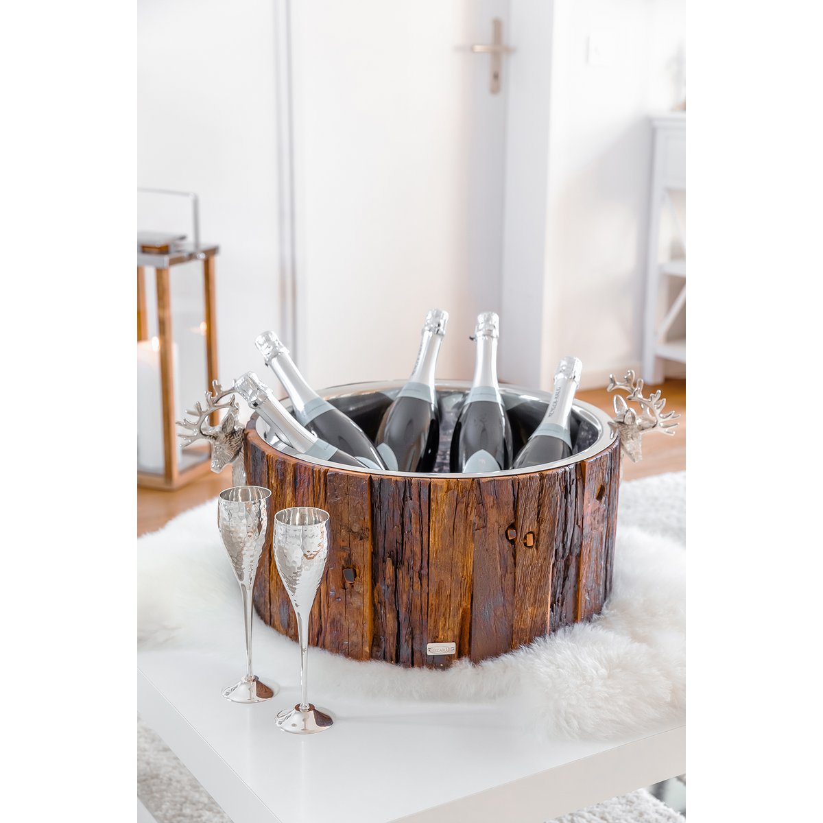 EDZARD champagnekoeler Kennington, 2 hertenkoppen, hout, roestvrij staal glanzend vernikkeld, ø 46,5 cm, H 23,5 cm, 11 kg