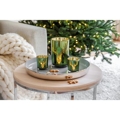 Set van 2 theelichtglazen Ted (hoogte 8 cm, ø 7 cm), buitenkant groen / binnenkant goud, lantaarn in hert design