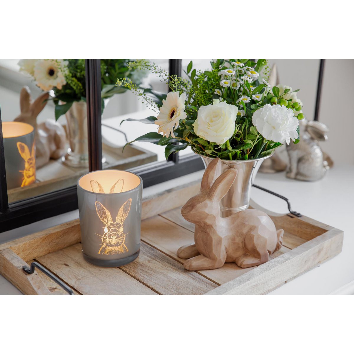 Lantaarn konijn (hoogte 12,5 cm, ø 10 cm) in grijs, theelichthouder, theelichtglas met konijnenmotief