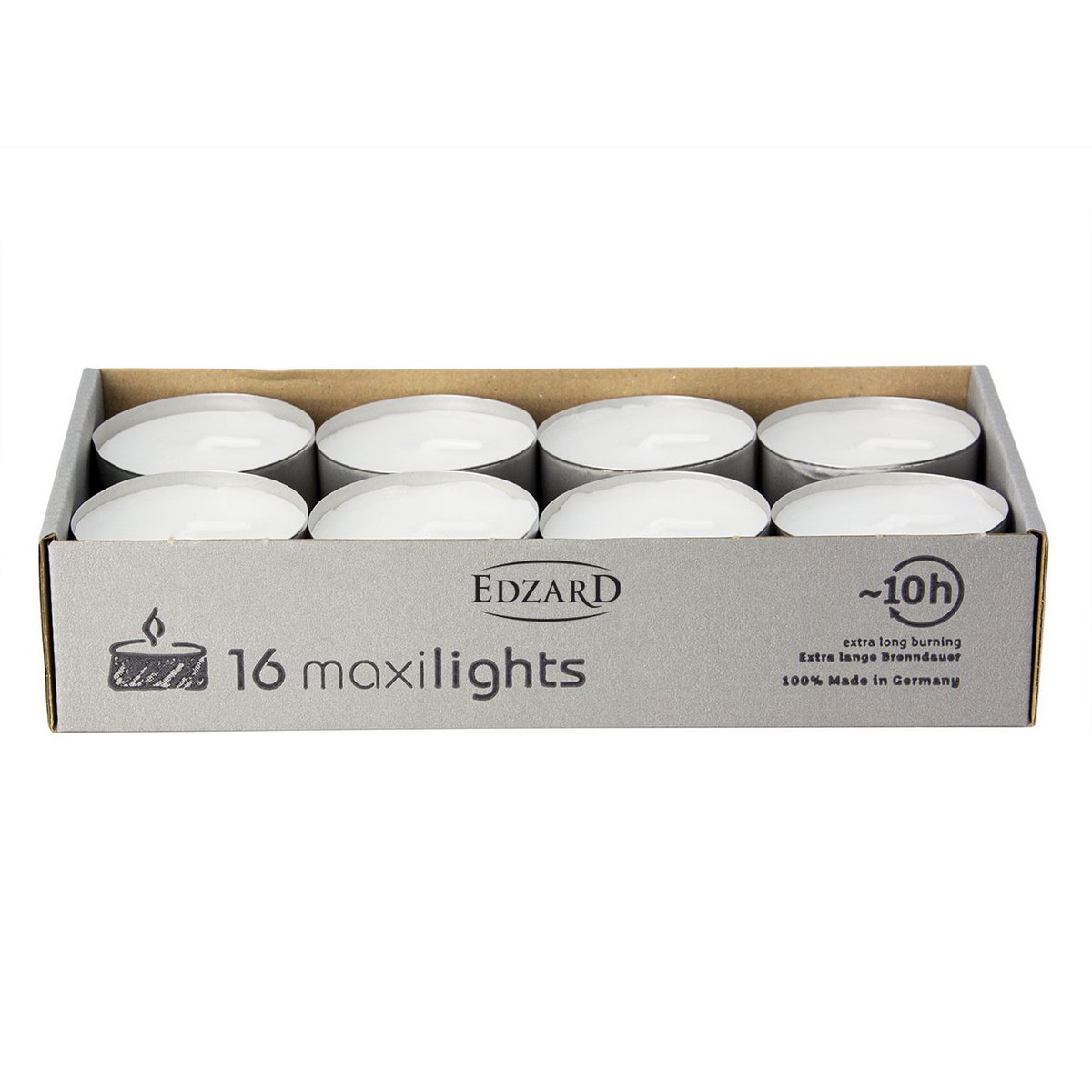 EDZARD 16 stuks WENZEL Maxilights Maxi theelichtjes, wit, aluminium deksel, diameter 58 mm, geurloos