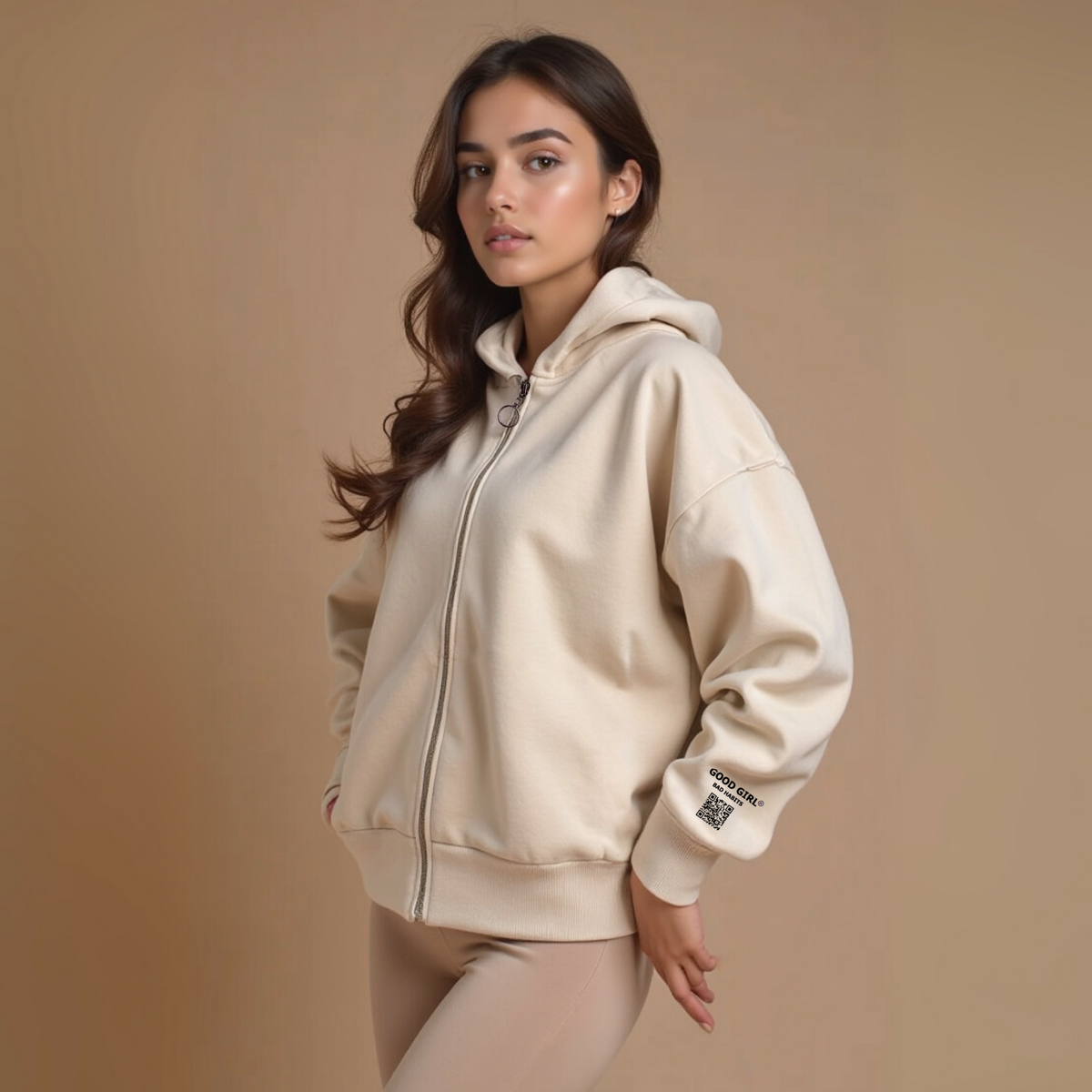 Hoodie met rits "ggbh" - beige